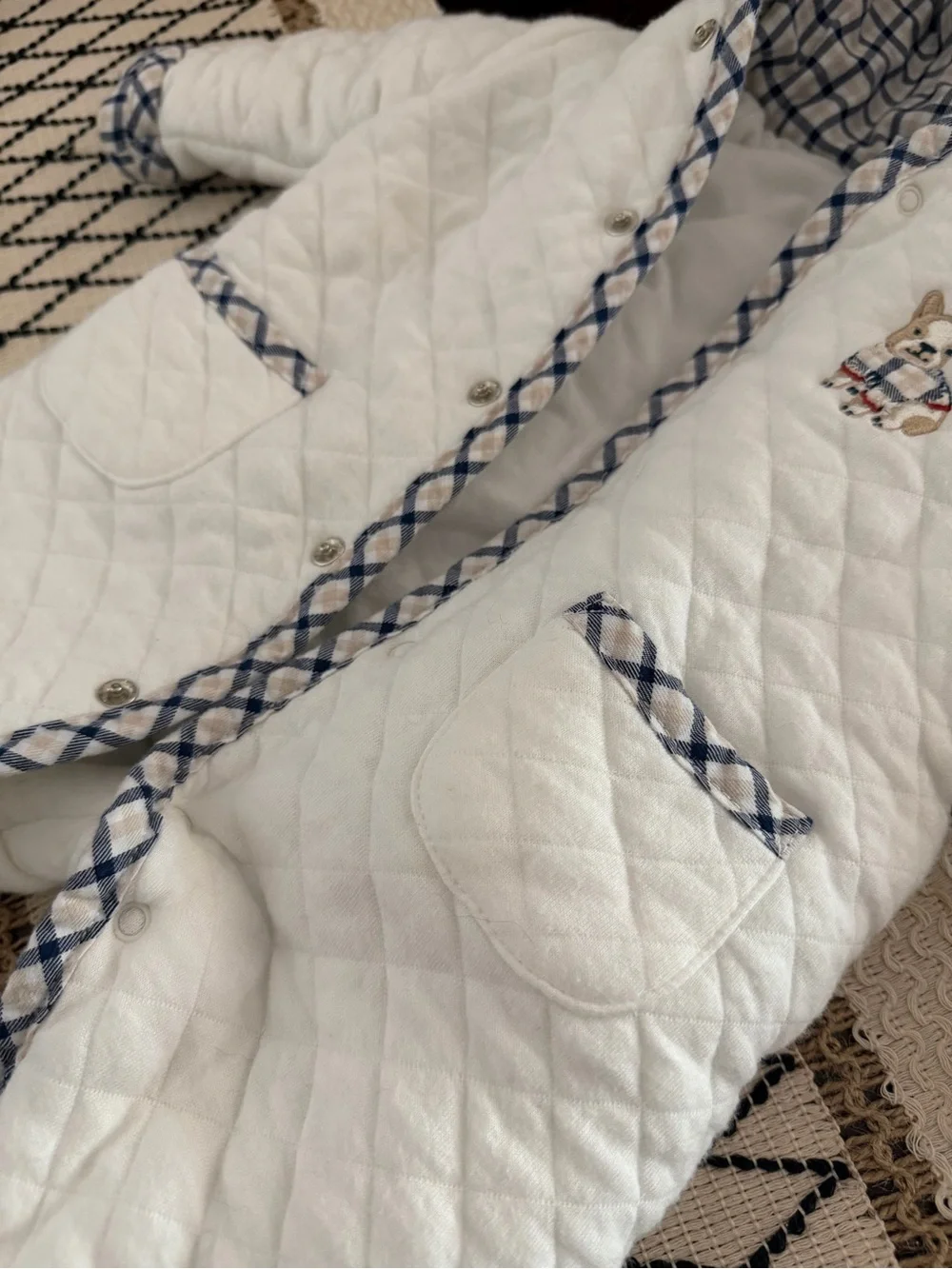 Little Me Cream and Navy Plaid Quilted Baby Footed pram
